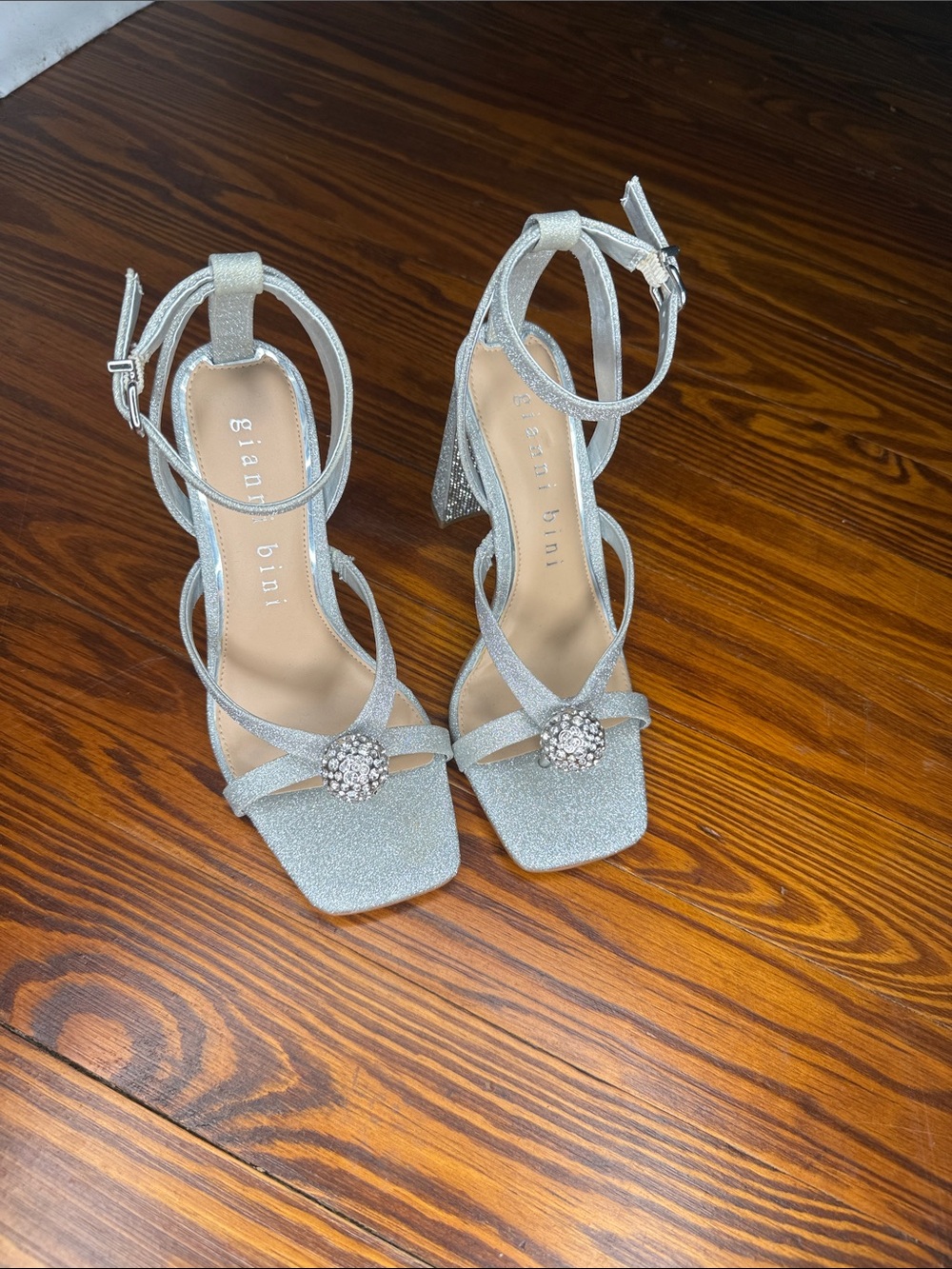 Gianni Bini Silver Glitter Rhinestone Block Heel Sandals